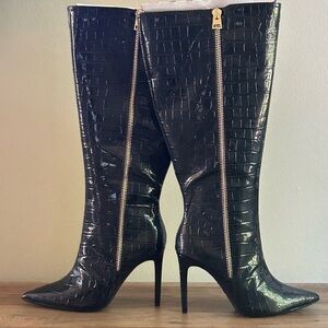 I.N.C Croc-Embossed Knee-High Wide Calf Boots-Black-Size 9 NIB